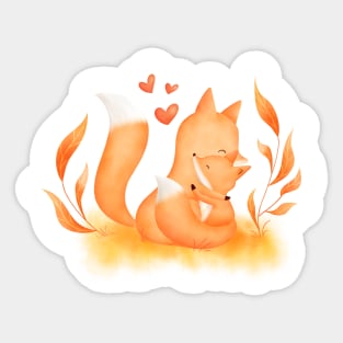 Fox mum and cub hugging Sticker